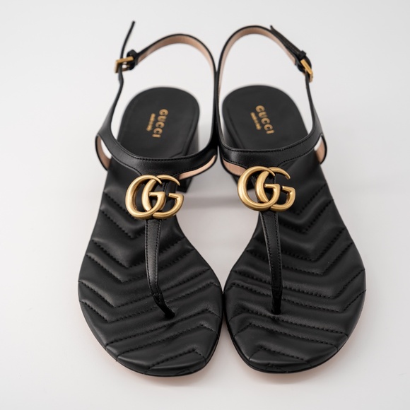 size 40.5G - Gucci Marmont GG Thong T-Strap Sandals Black Leather Chuck Heel - Picture 3 of 12